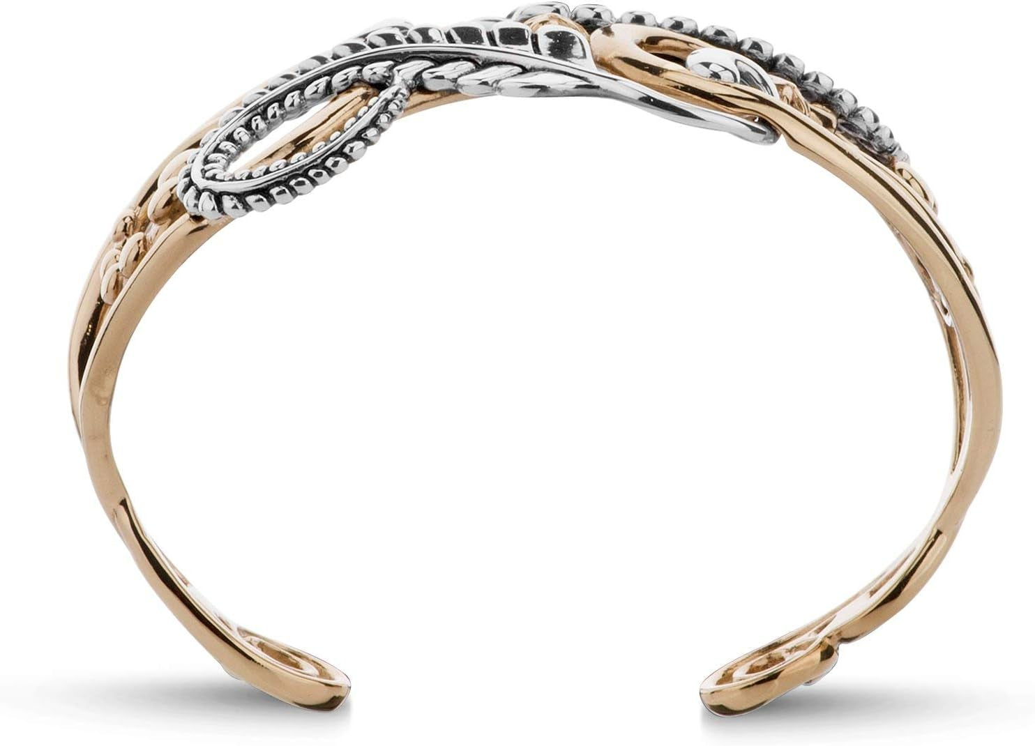 Sterling Silver and Brass Floral Leaf Design Cuff Bracelet, Sizes Small to Large