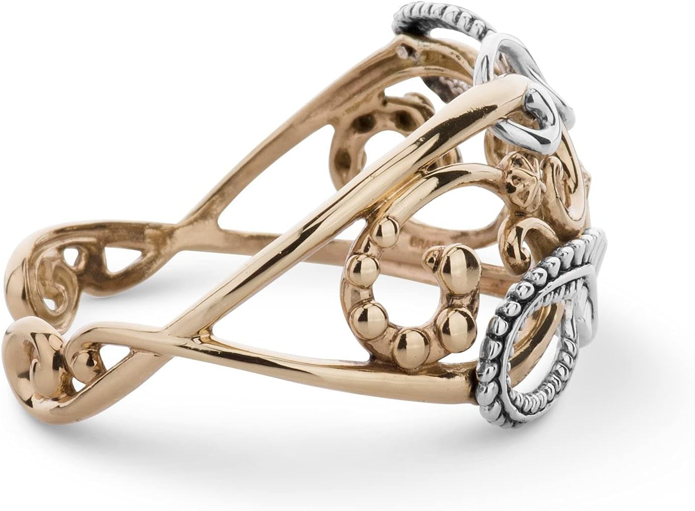 Sterling Silver and Brass Floral Leaf Design Cuff Bracelet, Sizes Small to Large