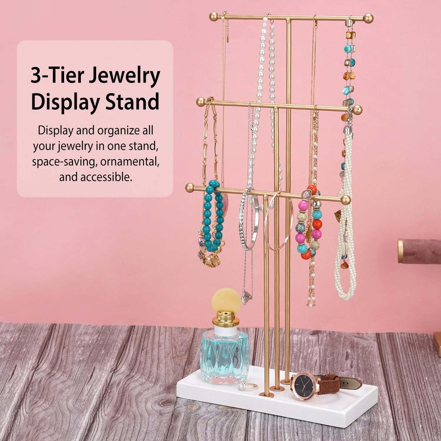 3 Tier Gold Metal Tabletop Jewelry Display Tree Stand Organizer Holder Rack Hanger Tower for Bracelet Necklace Accessories with Ring Tray