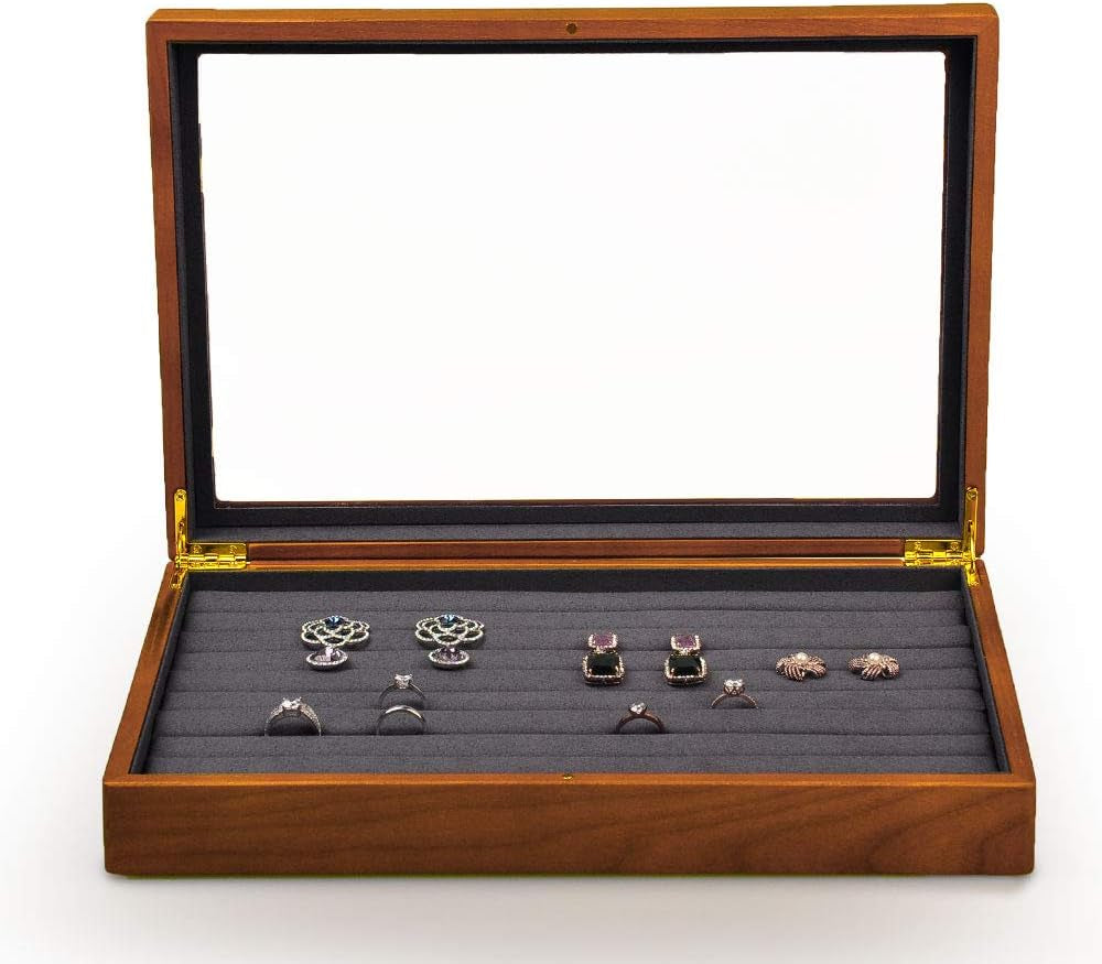 Solid Wood Jewelry Display Box Rings Earrings Organizer Case with Acrylic Lid Vintage Gift for Women