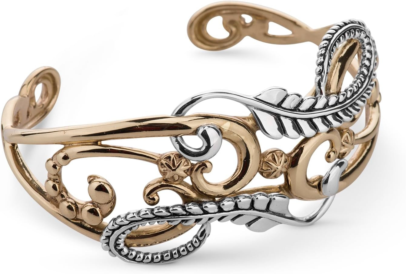 Sterling Silver and Brass Floral Leaf Design Cuff Bracelet, Sizes Small to Large