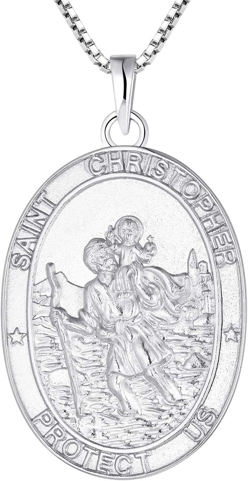 St. Christopher Necklace 925 Sterling Silver, round Coin Antiqued Religious Protector Talisman Pendant, Oval Pendant for Women