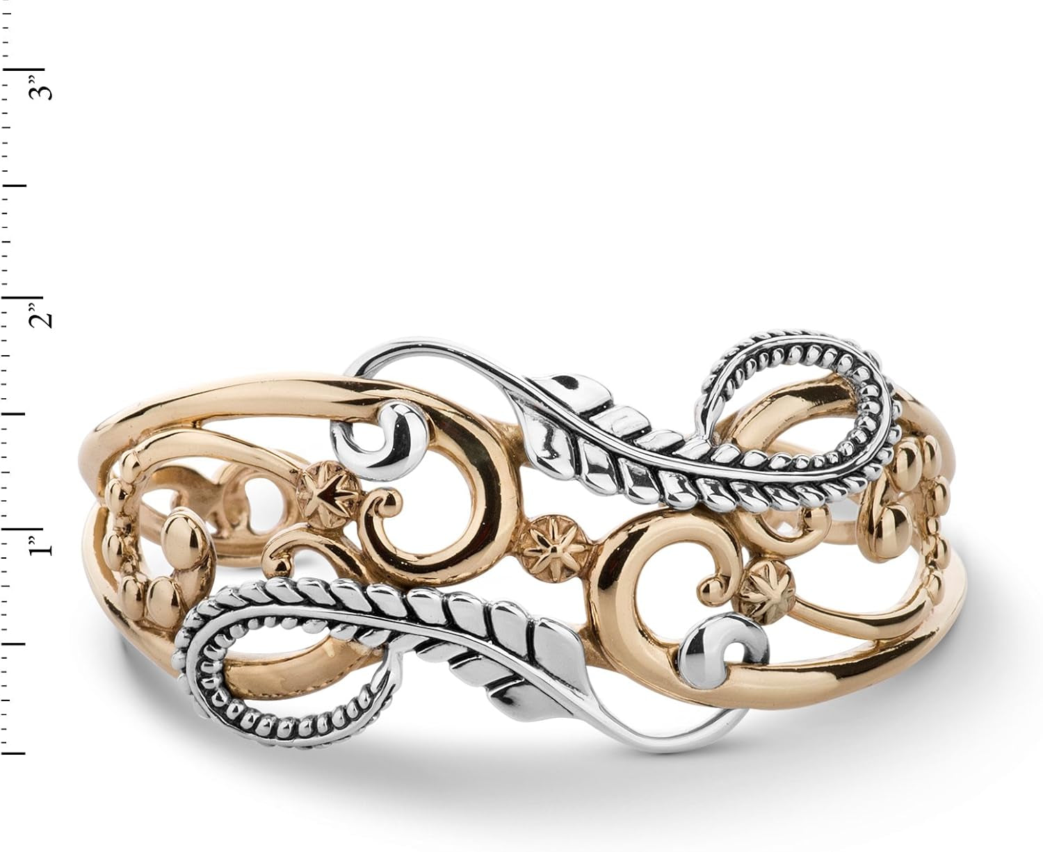 Sterling Silver and Brass Floral Leaf Design Cuff Bracelet, Sizes Small to Large