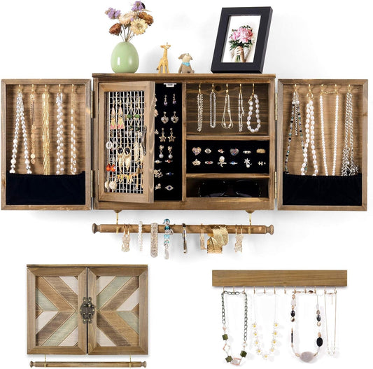 Rustic Wooden Jewelry Organizer Wall Mounted Holder with Removable Bracelet Rod and Hooks for Necklaces Earrings Bracelets Rings