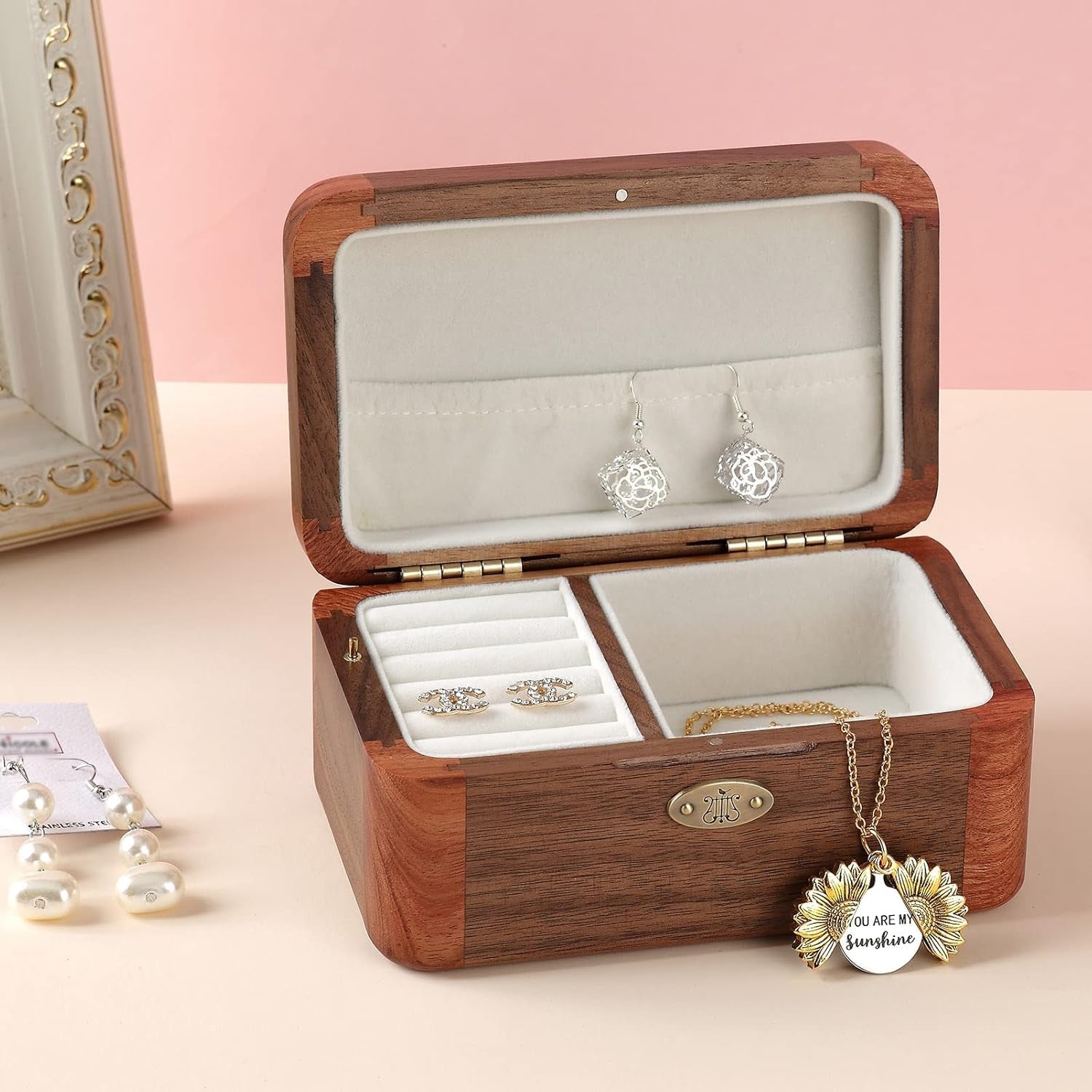 Vintage Wood Jewelry Box Music Box Trinket Box Keepsake Musical Boxs Gifts for Wedding Christmas Birthday Valentine'S Day (Walnut Wood + Rosewood Wood, Tune ; Can'T Help Falling in Love)