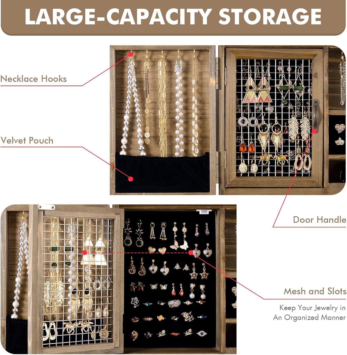 Rustic Wooden Jewelry Organizer Wall Mounted Holder with Removable Bracelet Rod and Hooks for Necklaces Earrings Bracelets Rings