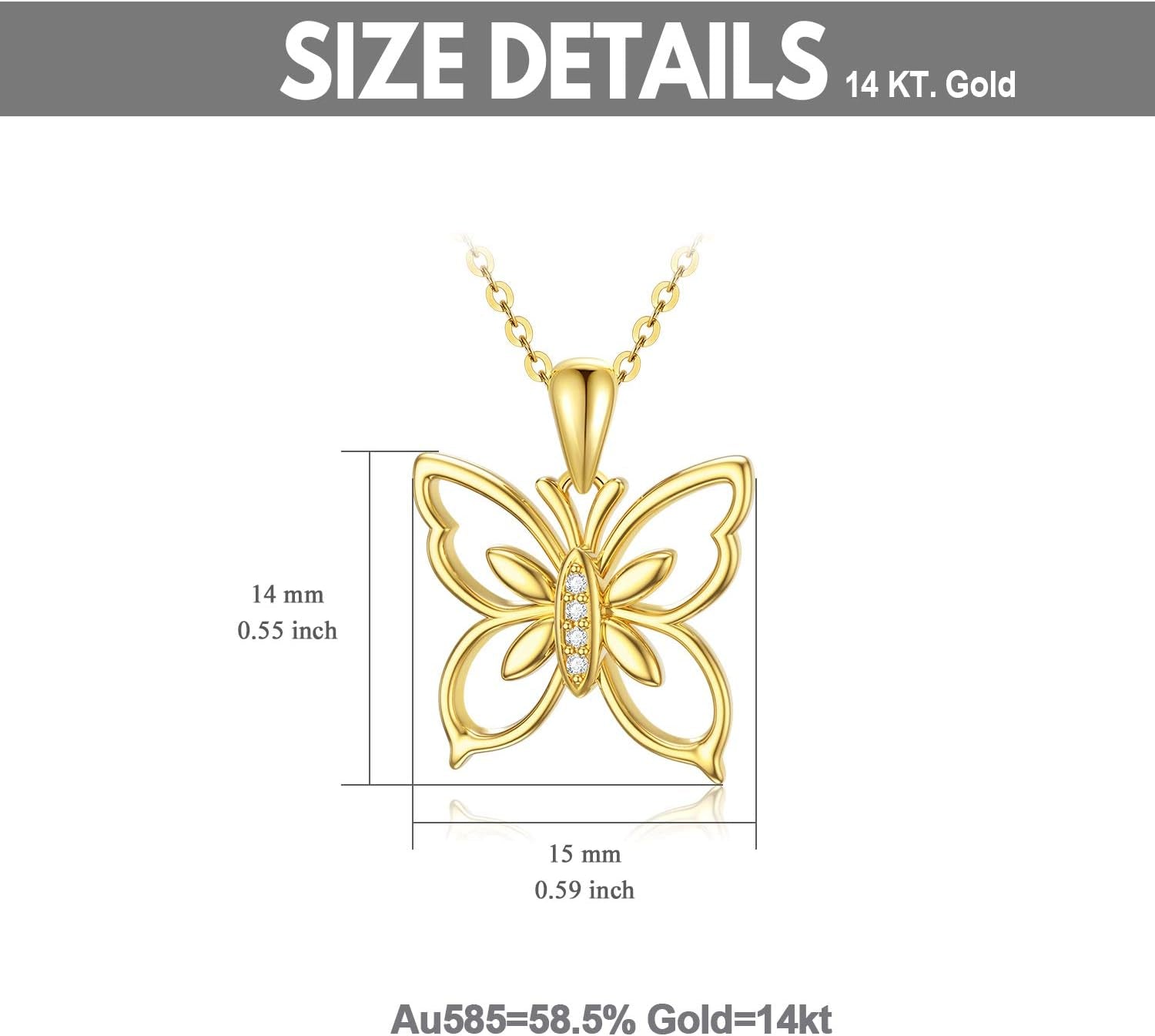 14K Solid Gold Diamond Butterfly Necklace, Genuine Natural Diamonds Delicate Yellow Gold Butterfly Pendant Jewelry Gift for Women Girls 16+2 Inch
