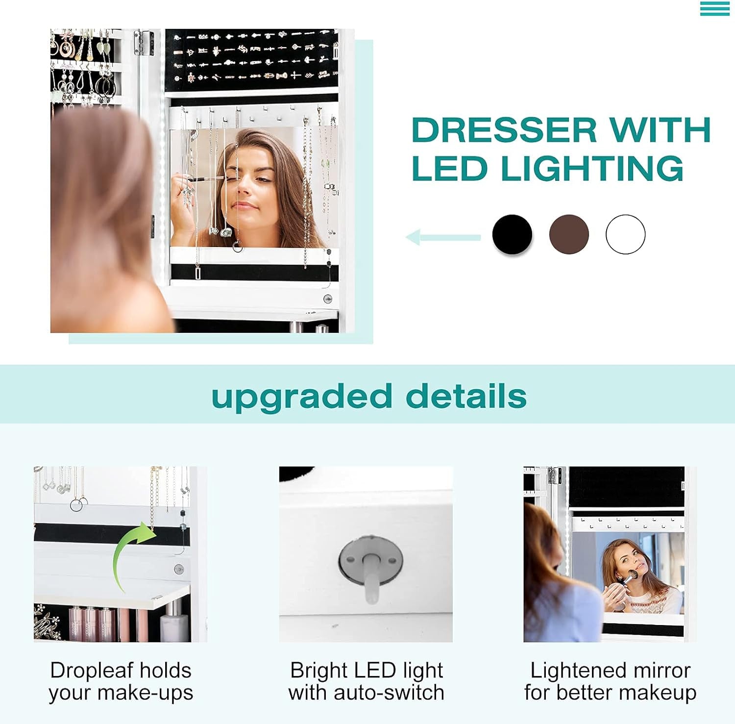 LED Strip Jewelry Armoire with 47.2" H Full Length Mirror, Wall/Door Mounted Jewelry Organizer with Built-In Mirror, Flip-Over Cosmetic Tray, 4 Drawers, Large Storage Jewelry Cabinet (White)