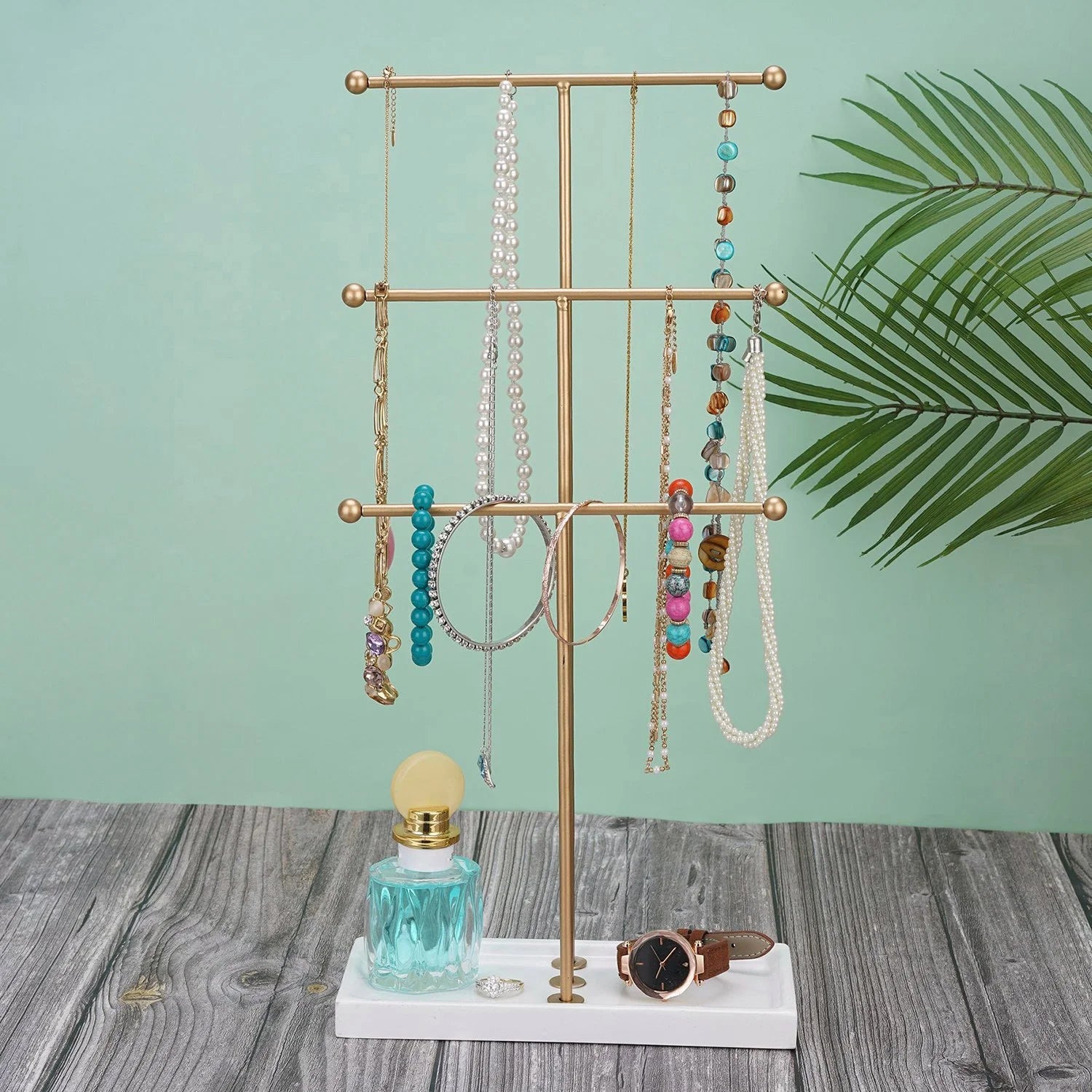 3 Tier Gold Metal Tabletop Jewelry Display Tree Stand Organizer Holder Rack Hanger Tower for Bracelet Necklace Accessories with Ring Tray
